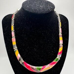 Mexican Sterling Silver 950 Multi Stone Inlay Necklace Pink Yellow Green 15 Inch